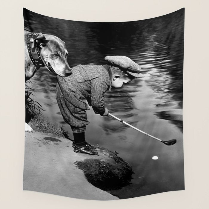 Boy and Dog Playing Golf Vintage Black and White Art Wall Tapestry Gallery Image 4