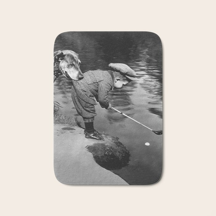 Boy and Dog Playing Golf Vintage Black and White Art Bath Mat Gallery Image 1