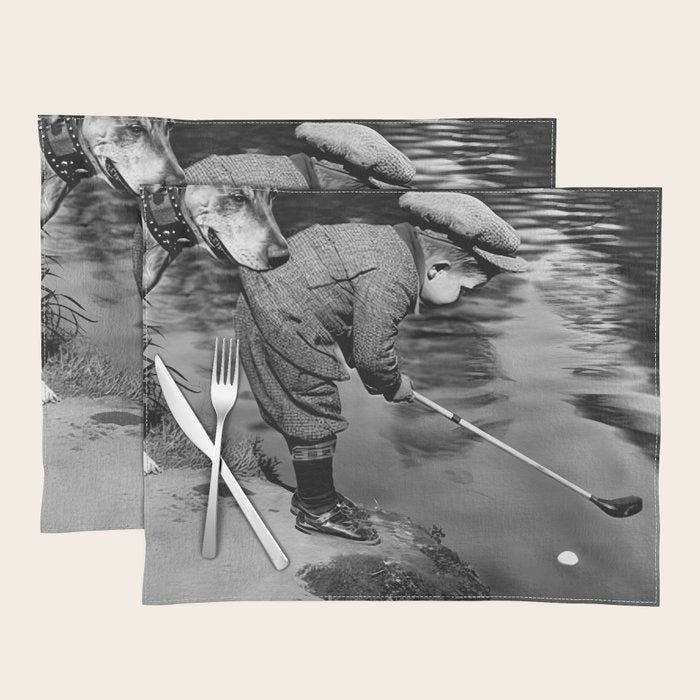Boy and Dog Playing Golf Vintage Black and White Art Placemat Gallery Image 1