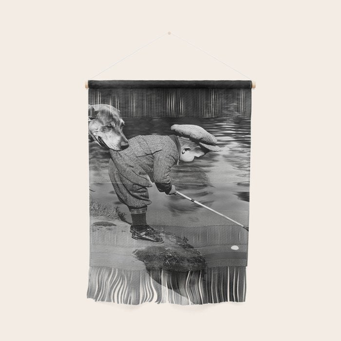 Boy and Dog Playing Golf Vintage Black and White Art Wall Hanging Gallery Image 1