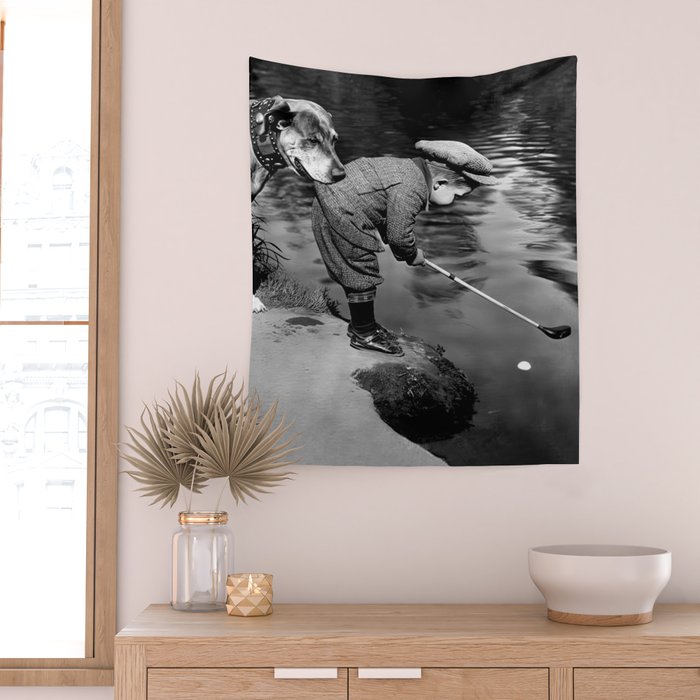Boy and Dog Playing Golf Vintage Black and White Art Wall Tapestry Gallery Image 2