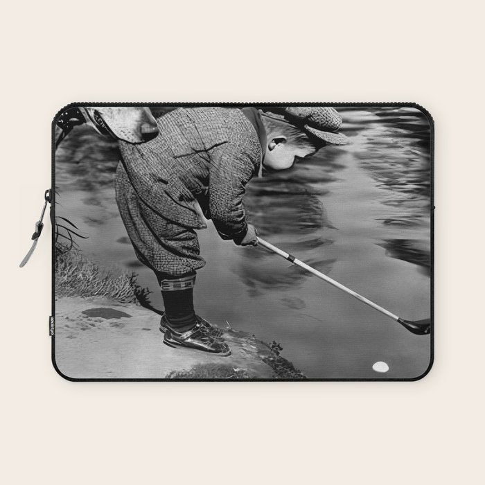 Boy and Dog Playing Golf Vintage Black and White Art Laptop Sleeve Gallery Image 1