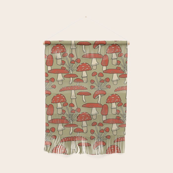 Red Cap Mushrooms on Sage Green Wall Hanging Gallery Image 1