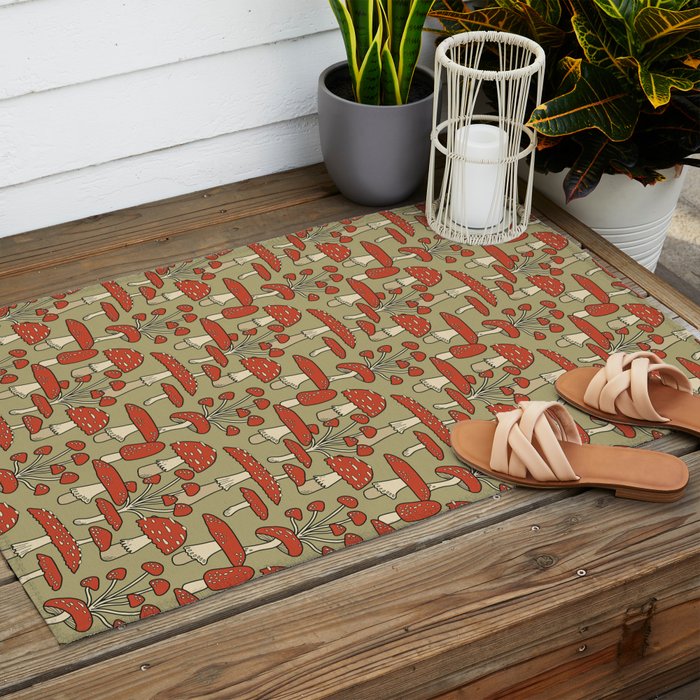 Red Cap Mushrooms on Sage Green Outdoor Rug Gallery Image 2
