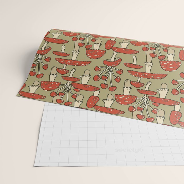 Red Cap Mushrooms on Sage Green Wrapping Paper Gallery Image 2