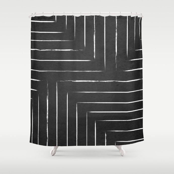 Black White Lines Minimalist Shower Curtain Gallery Image 1