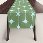 Mid Century Modern Stars and Dots Pattern in Olive Green and Light Ice Blue Table Runner Gallery Image 1