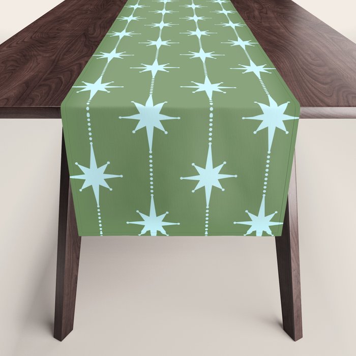 Mid Century Modern Stars and Dots Pattern in Olive Green and Light Ice Blue Table Runner Gallery Image 1