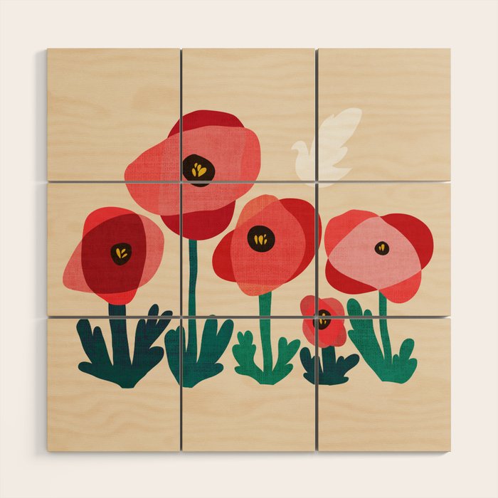 Poppy flowers and bird Wood Wall Art Gallery Image 1