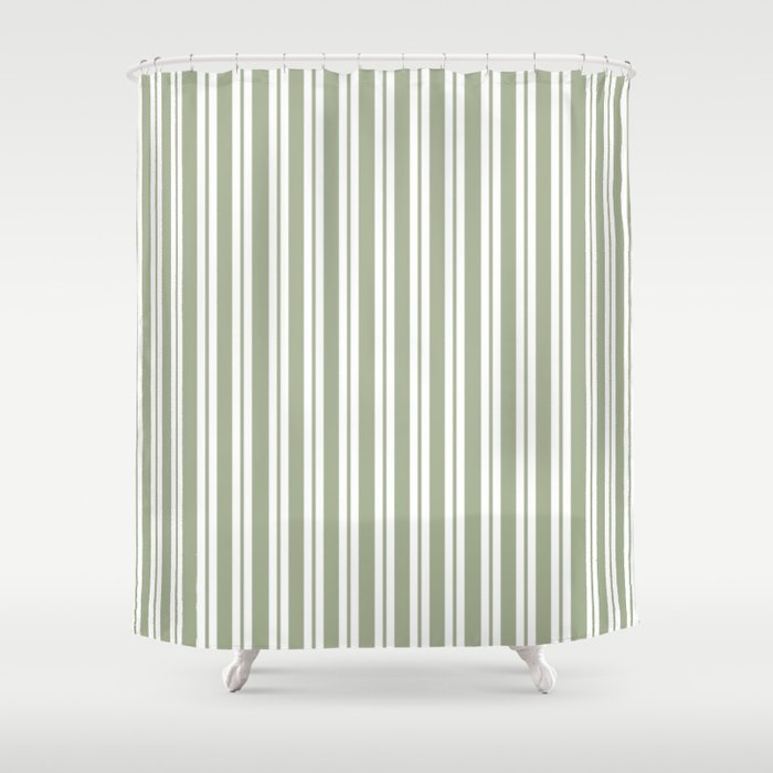 Classic Double Stripe Pattern Sage Green and White Shower Curtain Gallery Image 1