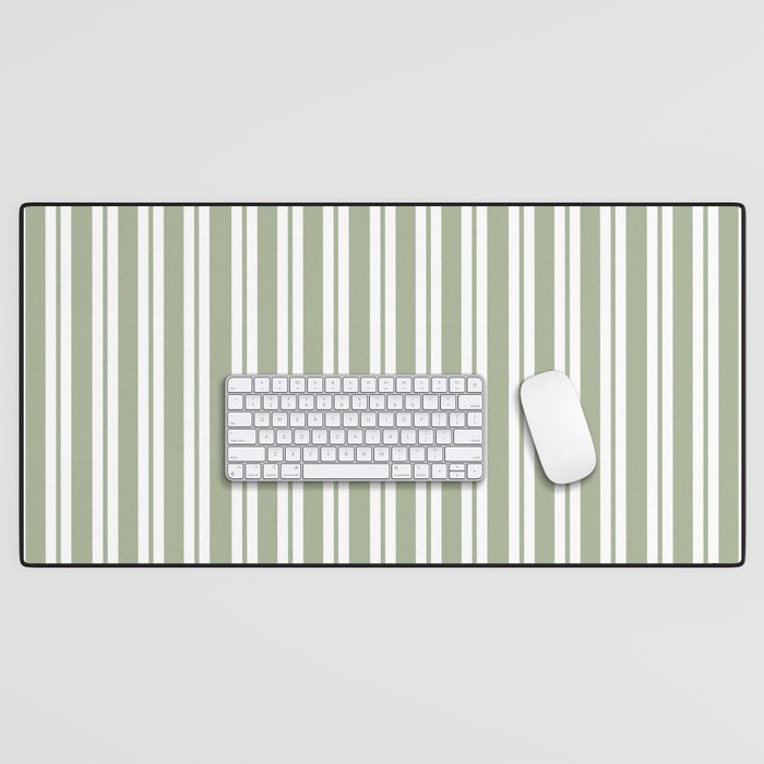 Classic Double Stripe Pattern Sage Green and White Desk Mat Gallery Image 1