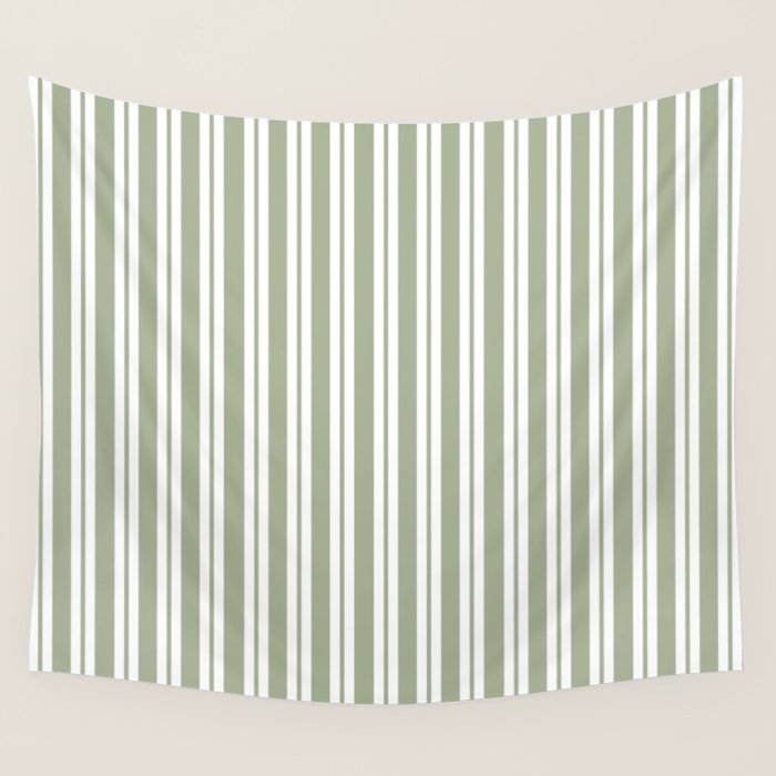 Classic Double Stripe Pattern Sage Green and White Wall Tapestry Gallery Image 1