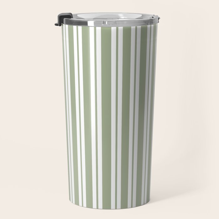 Classic Double Stripe Pattern Sage Green and White Travel Mug Gallery Image 3