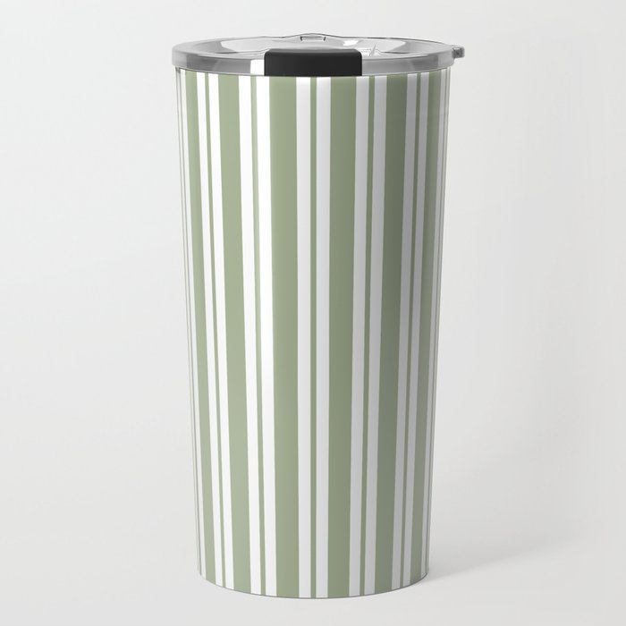 Classic Double Stripe Pattern Sage Green and White Travel Mug Gallery Image 1