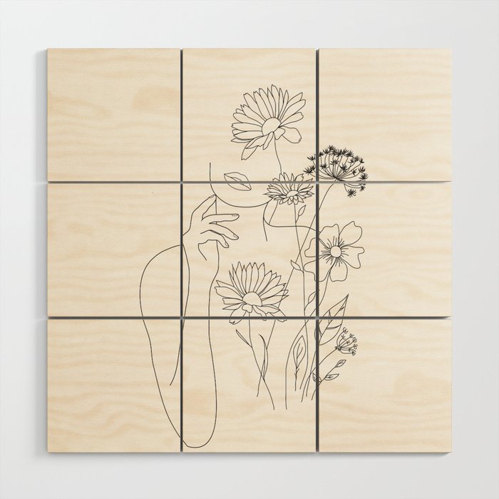 Minimal Line Art Woman with Flowers III Wood Wall Art Gallery Image 1