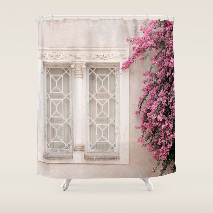 Pretty Window - Bougainvillea Flowers - Minimalist Portugal Travel Photography By Ingrid Beddoes Shower Curtain Gallery Image 1