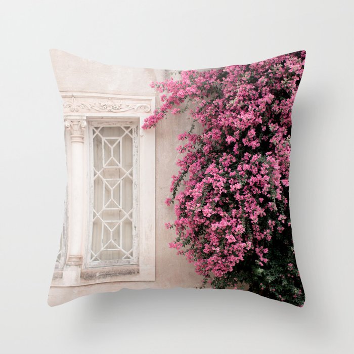Pretty Window - Bougainvillea Flowers - Minimalist Portugal Travel Photography By Ingrid Beddoes Throw Pillow Gallery Image 1