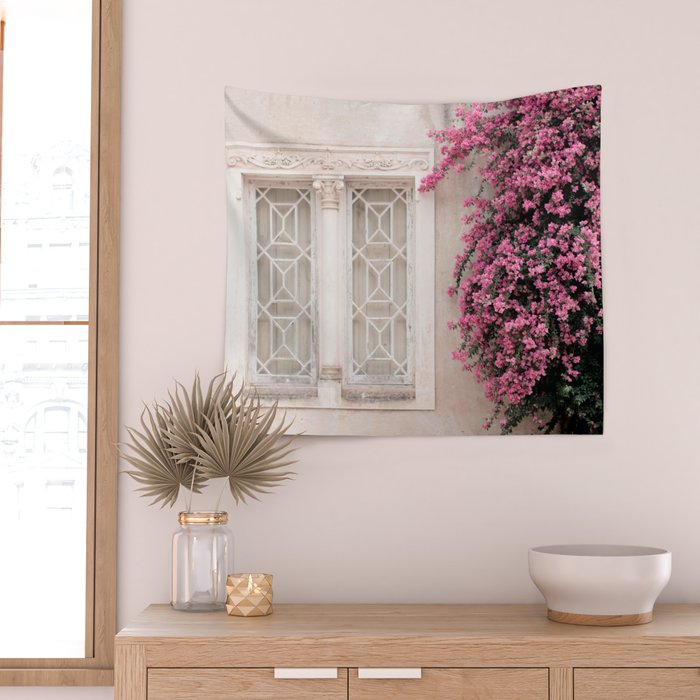Pretty Window - Bougainvillea Flowers - Minimalist Portugal Travel Photography By Ingrid Beddoes Wall Tapestry Gallery Image 2