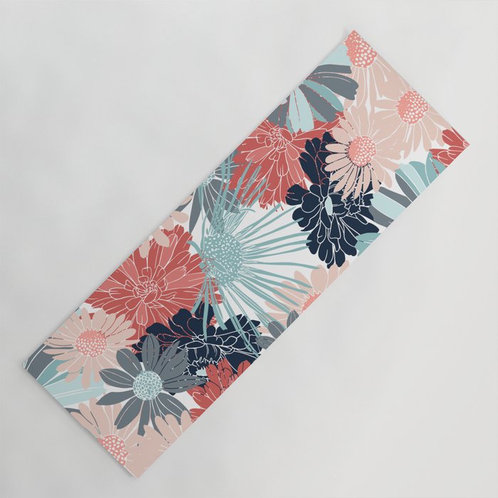 Summer Floral Garden, Coral, Teal and Blue Yoga Mat Gallery Image 1
