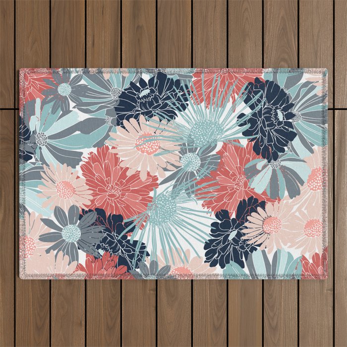 Summer Floral Garden, Coral, Teal and Blue Outdoor Rug Gallery Image 1