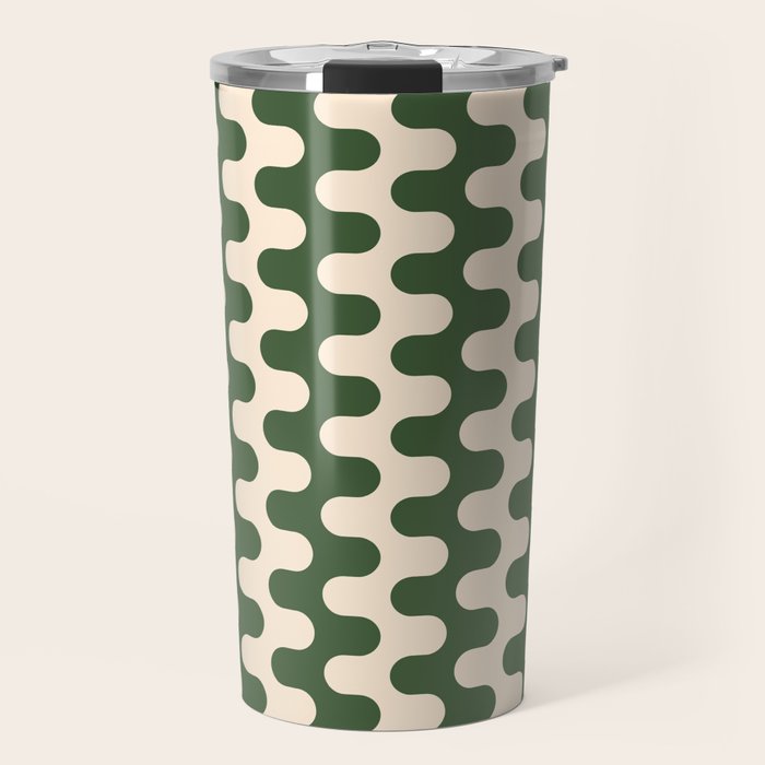 Retro Mid Century Modern Waves in Forest Green and Creamy White Travel Mug Gallery Image 1