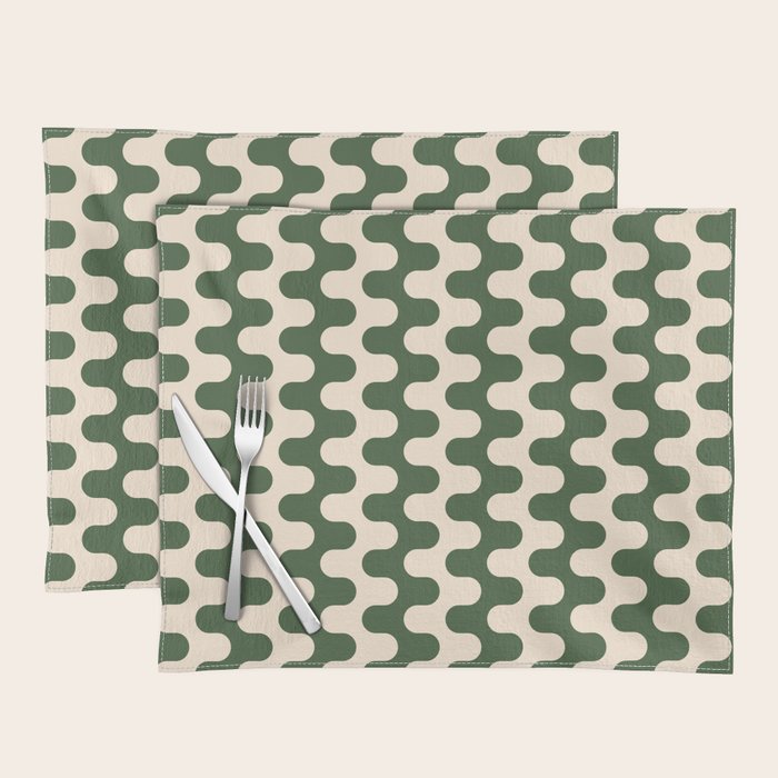 Retro Mid Century Modern Waves in Forest Green and Creamy White Placemat Gallery Image 1