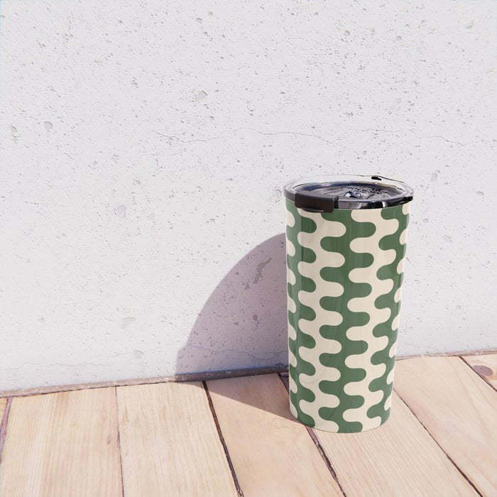 Retro Mid Century Modern Waves in Forest Green and Creamy White Travel Mug Gallery Image 4