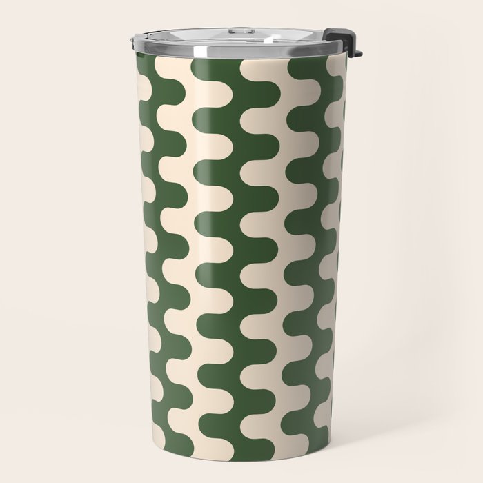 Retro Mid Century Modern Waves in Forest Green and Creamy White Travel Mug Gallery Image 2