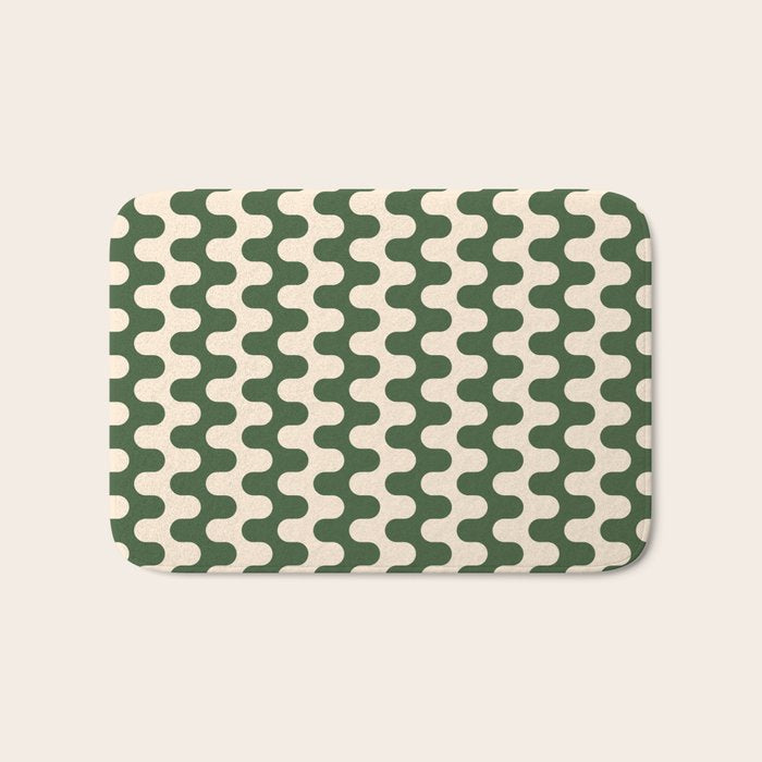 Retro Mid Century Modern Waves in Forest Green and Creamy White Bath Mat Gallery Image 1