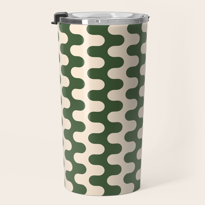 Retro Mid Century Modern Waves in Forest Green and Creamy White Travel Mug Gallery Image 3