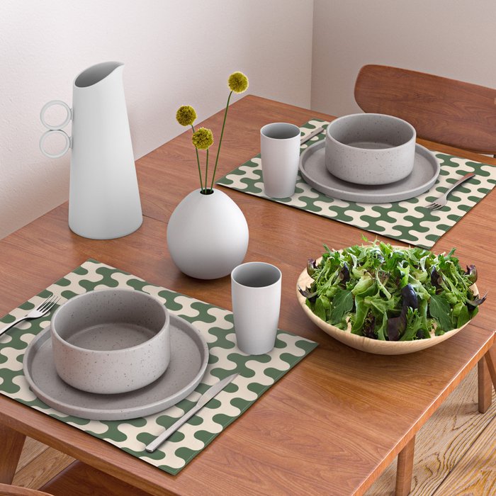 Retro Mid Century Modern Waves in Forest Green and Creamy White Placemat Gallery Image 2