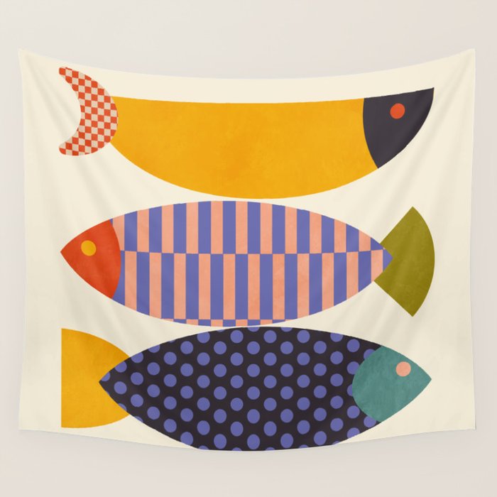 mid century abstract fishes Wall Tapestry Gallery Image 4