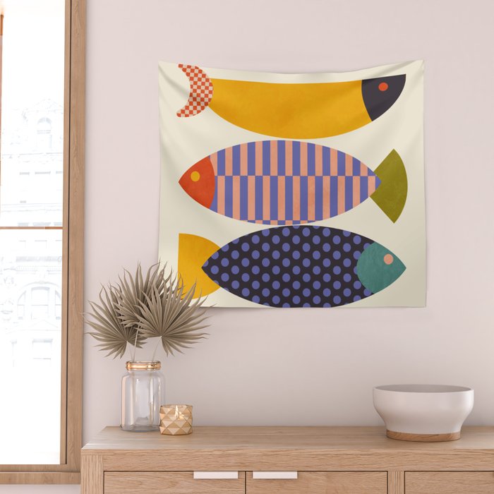 mid century abstract fishes Wall Tapestry Gallery Image 2