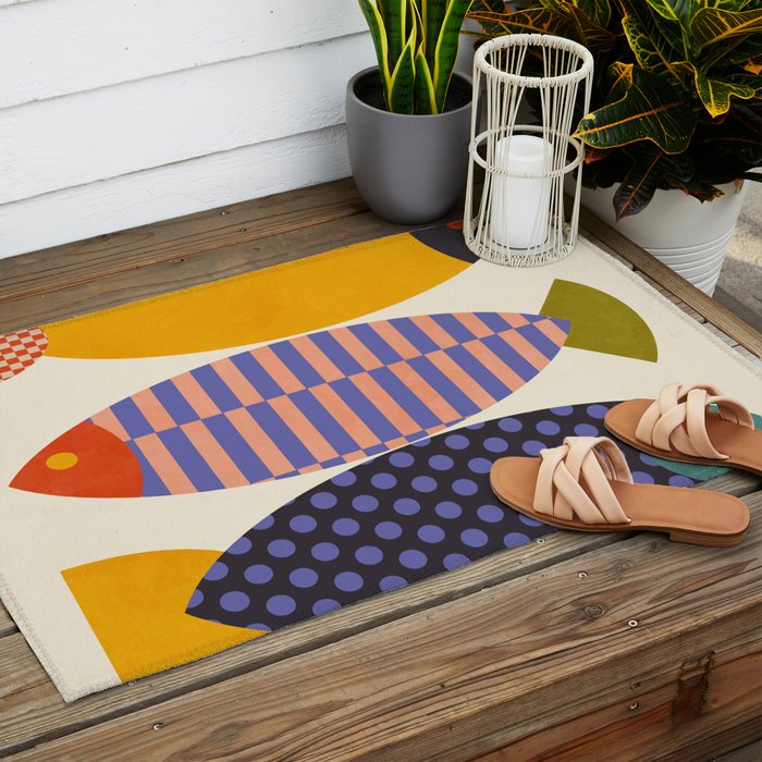 mid century abstract fishes Outdoor Rug Gallery Image 2