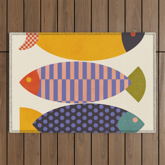 mid century abstract fishes Outdoor Rug Gallery Image 1