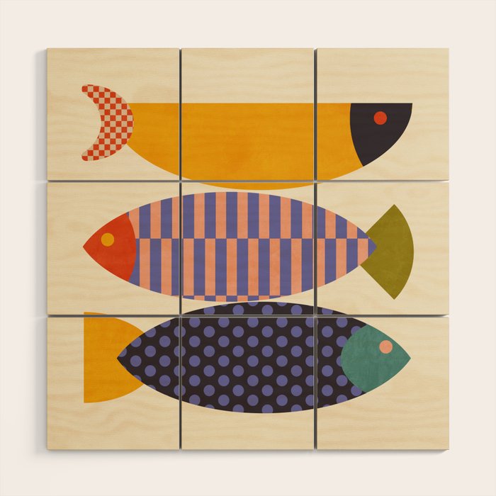 mid century abstract fishes Wood Wall Art Gallery Image 1