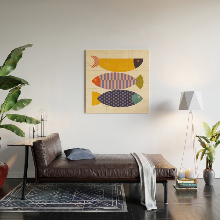 mid century abstract fishes Wood Wall Art Gallery Image 2