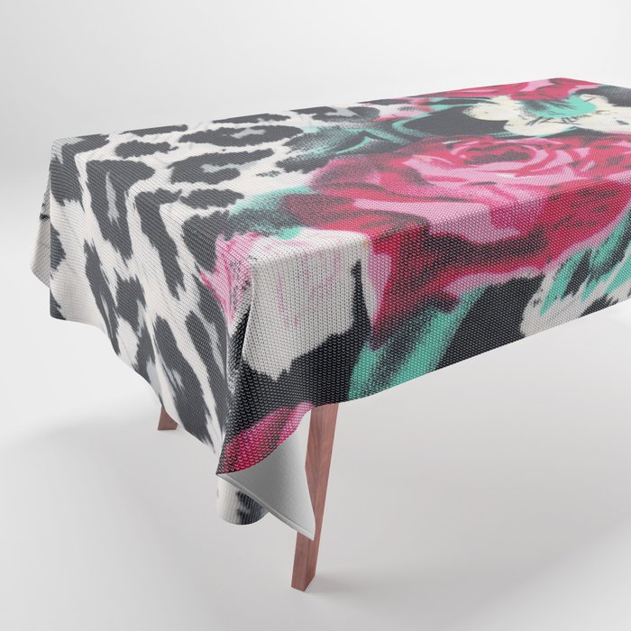 Vintage black white pink floral cheetah animal print Tablecloth Gallery Image 1