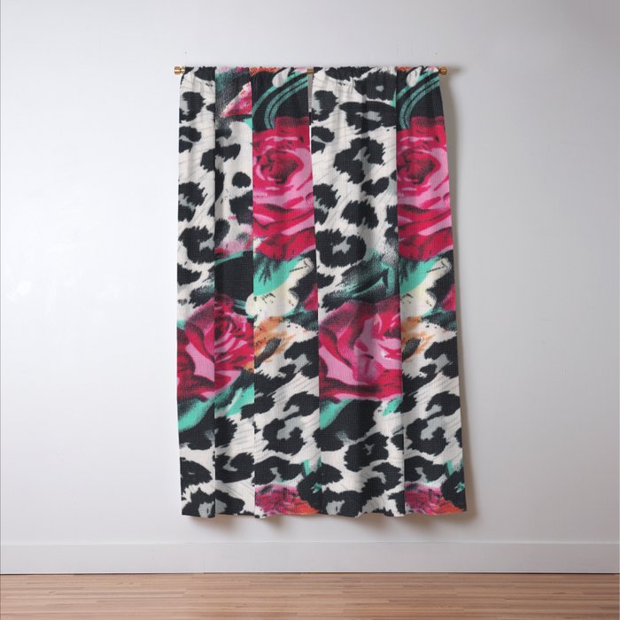 Vintage black white pink floral cheetah animal print Window Curtain Gallery Image 3