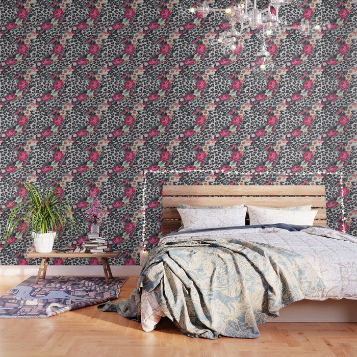 Vintage black white pink floral cheetah animal print Wallpaper Gallery Image 3
