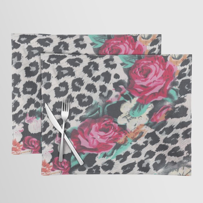 Vintage black white pink floral cheetah animal print Placemat Gallery Image 1