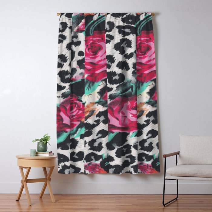 Vintage black white pink floral cheetah animal print Window Curtain Gallery Image 5