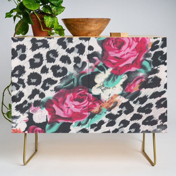 Vintage black white pink floral cheetah animal print Credenza Gallery Image 1
