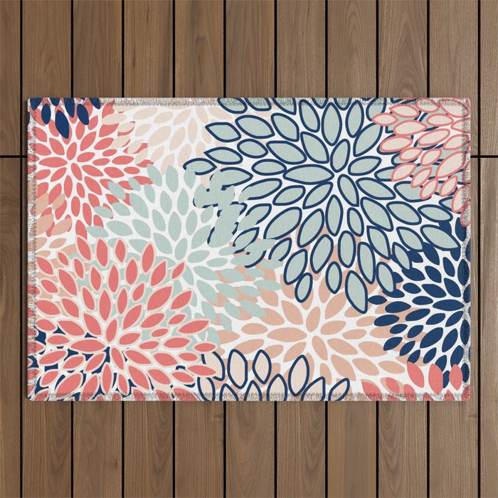 Festive, Floral Prints, Coral, Navy, Aqua Outdoor Rug Gallery Image 1