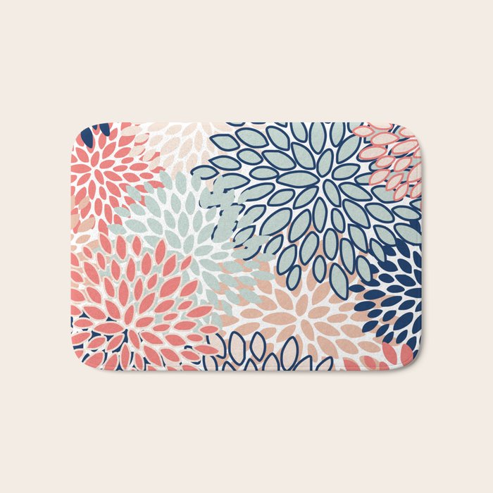 Festive, Floral Prints, Coral, Navy, Aqua Bath Mat Gallery Image 1