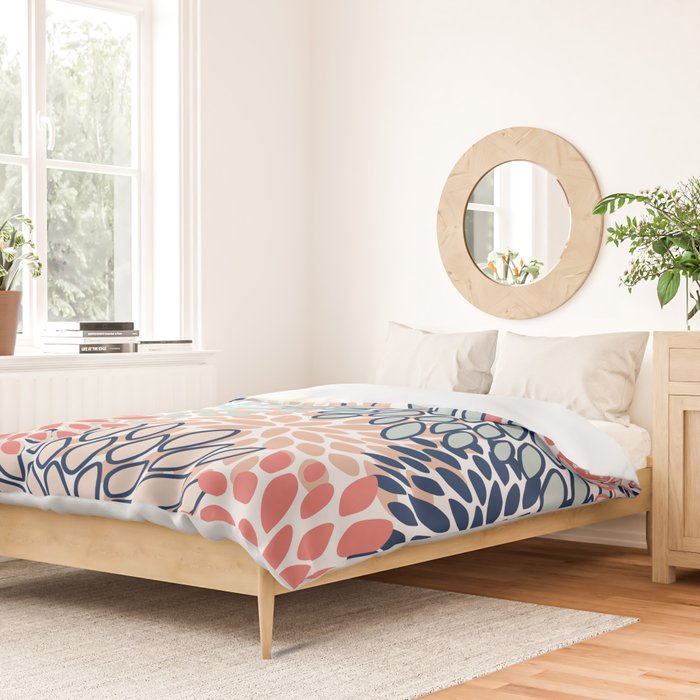 Festive, Floral Prints, Coral, Navy, Aqua Duvet Cover Gallery Image 2