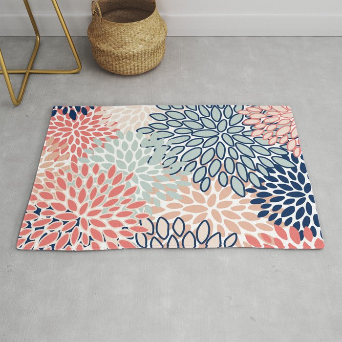 Festive, Floral Prints, Coral, Navy, Aqua Rug Gallery Image 1