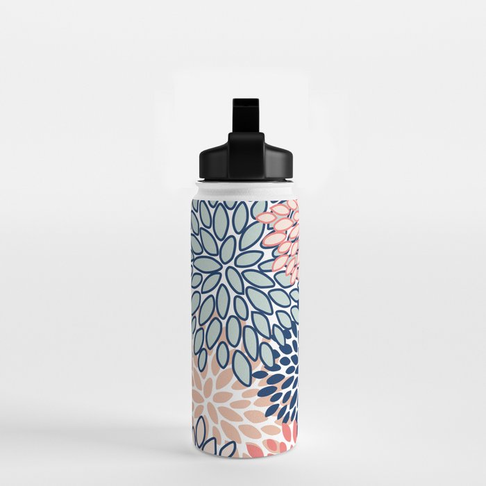 Festive, Floral Prints, Coral, Navy, Aqua Water Bottle Gallery Image 2