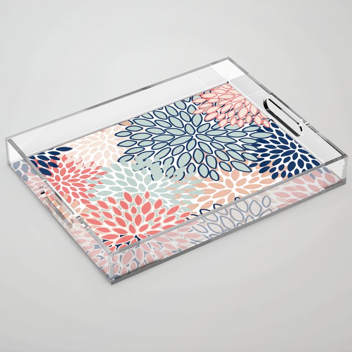 Festive, Floral Prints, Coral, Navy, Aqua Acrylic Tray Gallery Image 1