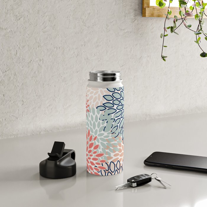 Festive, Floral Prints, Coral, Navy, Aqua Water Bottle Gallery Image 4